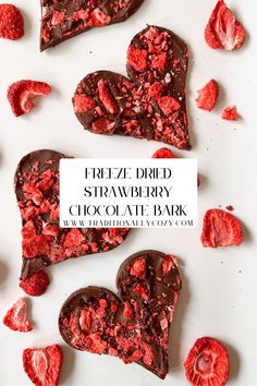 three heart shaped chocolates with the words freez - dried strawberry on top