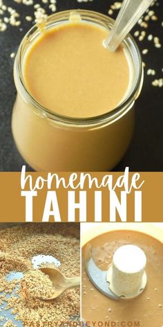 homemade tahni recipe in a jar with spoon