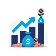 an upward graph with money bags and coins