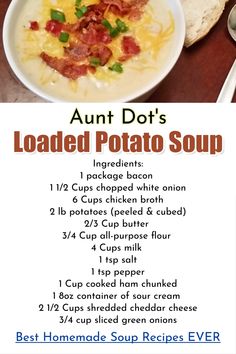 the recipe for loaded potato soup is shown in this advertisement, with instructions to make it easy and delicious