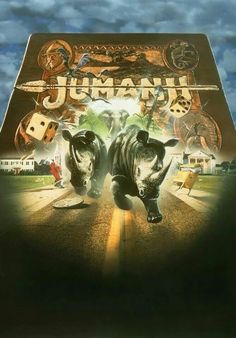 an advertisement for the film jumbo featuring two rhinos running down a road with dice in their mouths