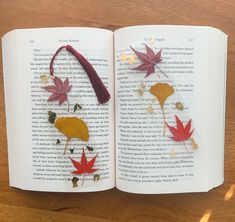 an open book with pressed autumn leaves on the pages and tassels attached to it