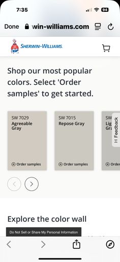 an iphone screen showing the same color scheme for different walls and flooring materials, as well as text that reads shop our most popular colors select order samples to get started