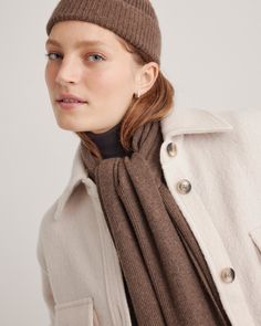 Need effortless style this winter? This is your girl. This oversized scarf can layer on anything for a chic look to stay warm all winter long. Our quality cashmere is incredibly long-lasting and three times as warm as wool, sourced sustainably and ethically. Versatile Cashmere Outerwear For Winter, Classic Scarves For Cold Weather In Fall, Cozy Wool Scarves For Fall, Soft Knit Scarves For Cold Weather In Fall, Soft Knit Cashmere Scarves For Fall, Soft Knit Cashmere Scarf For Fall, Classic Scarves For Fall And Cold Weather, Classic Brown Cashmere Scarf, Elegant Merino Wool Scarves For Fall