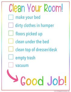 a checklist with the words clean your room written in rainbow colors and an arrow pointing to it