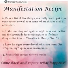 a colorful poster with instructions on how to use the manifestation recipe for your nails