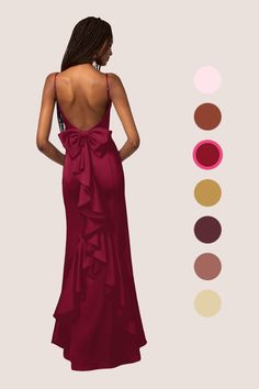 This stretch satin floor length dress features a straight neckline, adjustable spaghetti straps, a bow back, a ruffle design, and a mermaid skirt. 1920 Theme, Junior Prom Dress, Formal Dance Dresses, Satin Mermaid Dress, Burgundy Bridesmaid Dress, I Have Everything I Want, Formal Fits, Drawing Outfits, Cute Formal Dresses