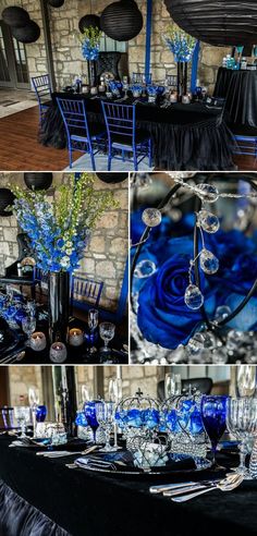 blue and black table settings for an event