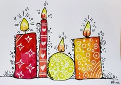 a drawing of three candles with hearts and stars on the top one candle is red, orange, and yellow