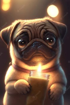 a pug dog holding a candle in its paws