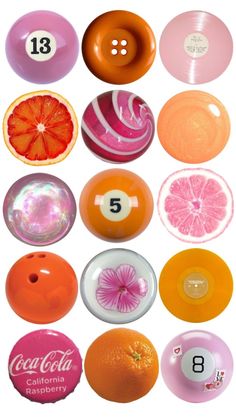 an array of different types of pool balls and oranges, with numbers on them