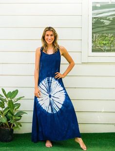 Embrace the summer with this Shibori Indigo Hand Dyed Dress. Ideal for beach outings, lounging at home, or casual summer wear, this dress is handmade from soft and comfy 100% rayon. With an adjustable racerback style, it offers a flexible fit for various body types.  Key Features * Material: Soft and comfy 100% rayon * Style: Adjustable racerback knot dress * Design: Hand-dyed Shibori pattern in indigo and white * Length: 54 inches from the high point of shoulder to hem * Bust: Fits bust sizes 3 Dress Loungewear, Shibori Pattern, Casual Summer Wear, Indigo Shibori, Knot Dress, Fitting Dress, Loose Fitting Dresses, Dyed Dress, High Point