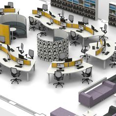 an office with desks, chairs and bookshelves in the shape of circles