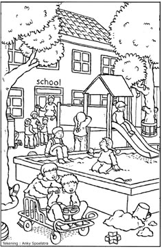 a black and white coloring page with children playing in the yard