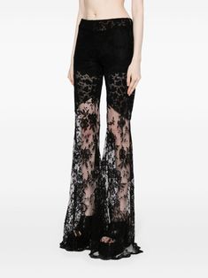 Sheer Lace Bottoms For Evening, Black Elegant Evening Flares, Elegant Black Flares For Evening, Spring Party Bottoms With Lace Patchwork, Elegant Black Evening Flares, Black Lace Trim Bottoms For Evening, Party Wide Leg Lace Pants, Wide Leg Lace Pants For Party, Party Lace Wide Leg Pants