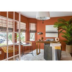 a living room filled with furniture and a large window covered in blinds next to a potted plant