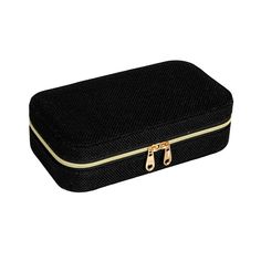 This petite and elegant jewelry case features a durable black fabric exterior with gold zipper closure and a gentle polyester interior. It is a stylish and convenient way to store and protect jewelry while traveling or at home. The jewelry case has rounded corners and a compact size, measuring 7 inches in length, 4 inches in width, and 2 inches in height. With compartments and tabs to hold rings, earrings, necklaces, bracelets, and other small accessories, the jewelry box is compact enough to sl Elegant Gold Rectangular Case, Rectangular Jewelry Storage Gift Box, Black Rectangular Case As Gift, Black Rectangular Case For Gifts, Portable Black Case As Gift, Portable Black Cases As Gift, Black Portable Case For Gift, Portable Black Cases For Gifts, Jewelry Armoires