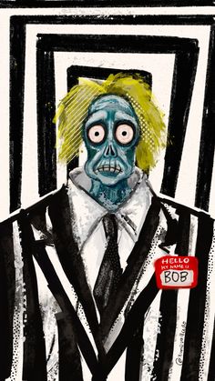 a drawing of a man in a suit and tie with yellow hair wearing a zombie mask