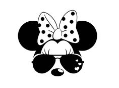 a minnie mouse with sunglasses and a polka dot bow on it's head, in black and white