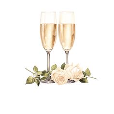 two champagne flutes with white roses and green leaves on a white background, painted in watercolor