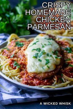 crispy homemade chicken parmesan served on a plate with pasta and parsley