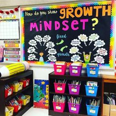 a classroom with several bins and a chalkboard on the wall that says growth minds