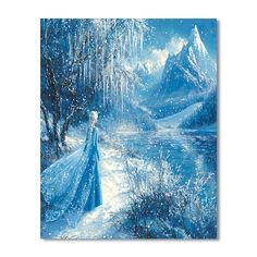 a painting of a frozen princess looking out over a lake