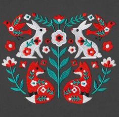 an embroidered design with red and white flowers, birds and leaves on a gray background