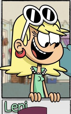 a cartoon girl with large round glasses on her face and long blonde hair, standing in front of a sign that says leni