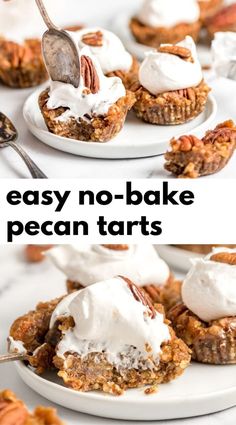 easy no - bake pecan tarts with whipped cream on top