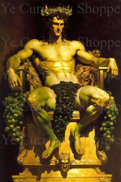 a painting of a man sitting on top of a chair with grapes in his hands