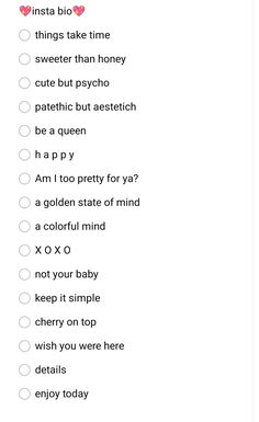 a printable checklist with the words insta blob, things take time, sweeter than honey and cute but psychic