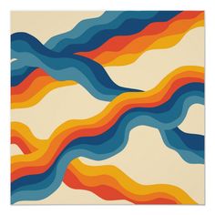 an abstract painting with wavy lines in blue, orange and yellow colors on a white background