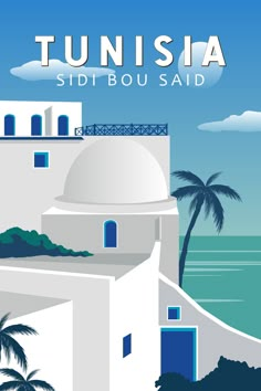 Sidi Bou Said Tunisia Retro Travel Art Vintage Poster Wanderlust Decor, Cobbled Streets, Vintage Illustration Art, Vintage Inspired Decor, Travel Wall Art, Travel Wall, Poster Retro