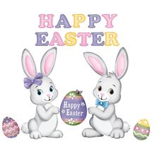 two white rabbits holding an easter egg with the words happy easter in front of them