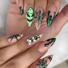 24pcs Halloween False Nails Glow in the Dark Ghost Spider Printed Press on Nail Halloween Manicure Supplies Wearable Fake Nails AMAIO Ny Nails, Nightmare Before Christmas Nails, Nails Grunge, Black Almond Nails, Halloween Manicure, Fake Nails Long, Halloween Press On Nails, Halloween Acrylic Nails, Nagel Tips