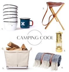 camping gear and accessories are arranged on a white background with the words camping cool above them