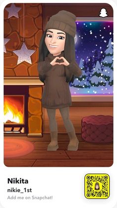 a cartoon girl standing in front of a fireplace with her hands together and making a heart