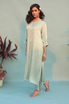 Green kurta with sequin embellished stripe patterns. Comes with solid pant. - Aza Fashions Pant For Women, Vacuum Storage, Indian Wedding Wear, Sleeves Blouse, Kurta With Pants, Green Satin, Kurta Set, Pastel Green, Blouse Length