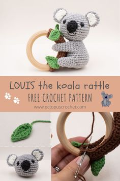 crochet koala rattle with green leaves on it's back and the text louis the kala rattle free crochet pattern