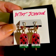 Brand New With Tag, Never Worn Betsey Johnson Pink Green Enamel Fun, Watermelon Popsicles Earrings Are Dingle With Individual Clear Crystal At The Top Call Toned Approximately One And A Half Inches Long I Will Bundle Two Or More Purchases For Savings. Novelty Pink Earrings For Summer, Pink Summer Jewelry For Gifts, Pink Summer Style Jewelry As A Gift, Pink Summer Style Jewelry For Gifts, Summer Style Pink Jewelry As Gift, Playful Summer Party Jewelry, Trendy Nickel-free Summer Jewelry, Handmade Pink Summer Jewelry, Watermelon Color Dangle Jewelry For Summer