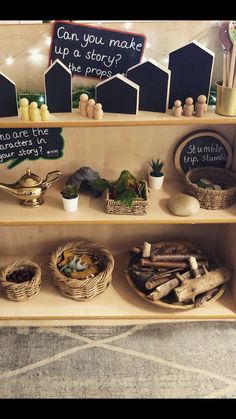 a shelf with baskets and other items on it