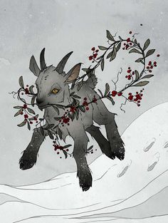 a drawing of a wolf with red berries on it's back legs and paws