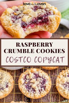 raspberry crumble cookies on a cooling rack with the words, love in the oven