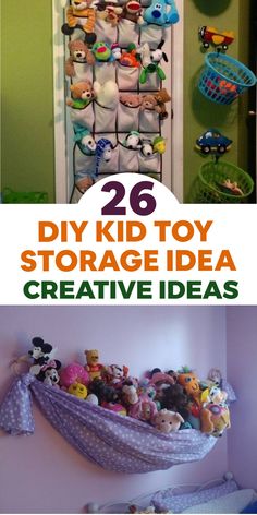 two pictures with the words 26 diy kid toy storage idea creative ideas on them