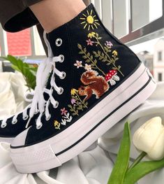 Mushroom Converse/Embroidered converse/Custom Pet Converse Platform/Embroidered Sneakers Forest Of Trees, Mushrooms And Squirrels/Gifts Mom Converse Platform, Clothes Embroidery Diy, Custom Painted Shoes