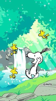 a cartoon dog is jumping in the air near a waterfall with yellow birds flying around