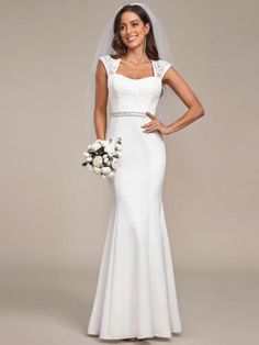 Be ready for the aisle with this sweetheart mermaid simple wedding dress on your big day. This simple wedding dress is a fit and flare bodycon style fishtail wedding dress. The Beaded embroidered lace decorates the short sleeves and bodice to create an elegant look. The skirt of this cap sleeves wedding dress is of floor length. With elegant v neckline and lace covered back, this simple wedding dress creates a modest look. Wear it on your big day and make an unforgettable memories now! Wedding Dress Sweetheart Neckline, Wedding Dress Sheath, Sweetheart Neckline Wedding Dress, All Types Of Dresses, Doctor Who Wedding, Wedding Dress Sweetheart, Fishtail Wedding Dress, Neckline Wedding Dress, Sleeves Wedding Dress