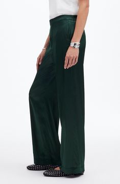 Coming in stretch satin, these pull-on pants have relaxed straight legs and pockets. Easy and elevated, these can be dressed up or down. 30" inseam; 24" leg opening; 12" front rise; 16" back rise (size large) Back elastic waist Side-seam pockets 98% viscose, 2% elastane Dry clean Imported Satin Pants, Stretch Satin, Pull On Pants, Madewell, Elastic Waist, Straight Leg, Dress Up, Dry Clean, Nordstrom