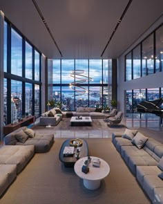 a living room filled with lots of furniture and large windows overlooking the cityscape